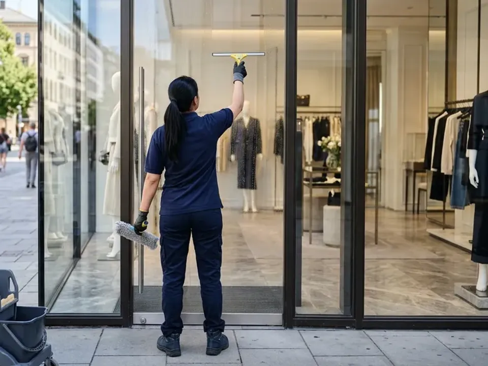 Reinigung einer Glasfront mit dem Abzieher